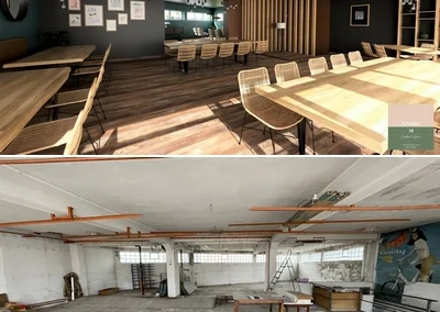 Photo avant / après de la rénovation d'un restaurant à Avesnes-sur-Helpe par les Établissements Lemaire